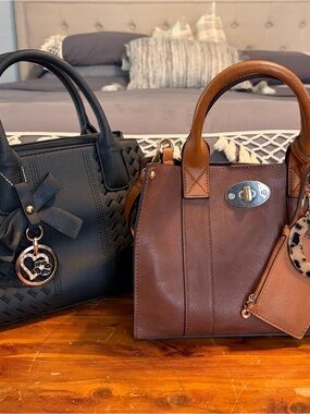 Boutique Handbag Bundle: Two-Tone Brown Satchel & Black Woven Purse